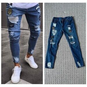 Men Medium Slim Fit Distressed Embroidered Patchwork Guys Ripped Denim Jeans
